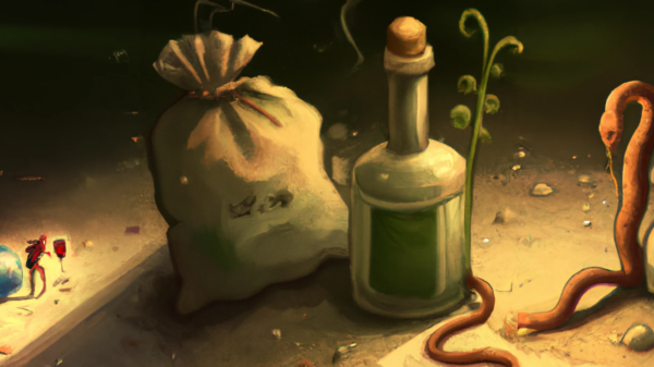 DALL·E generated image of A bottle of alcohol and a bag of fertilizer telling each other stories, digital art